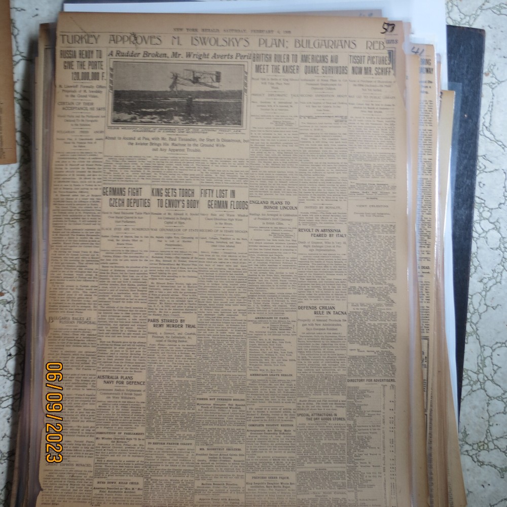 Aviation Wright Bros. Newspaper 1909 #53 RUDDER BROKEN AVERTS CRASH