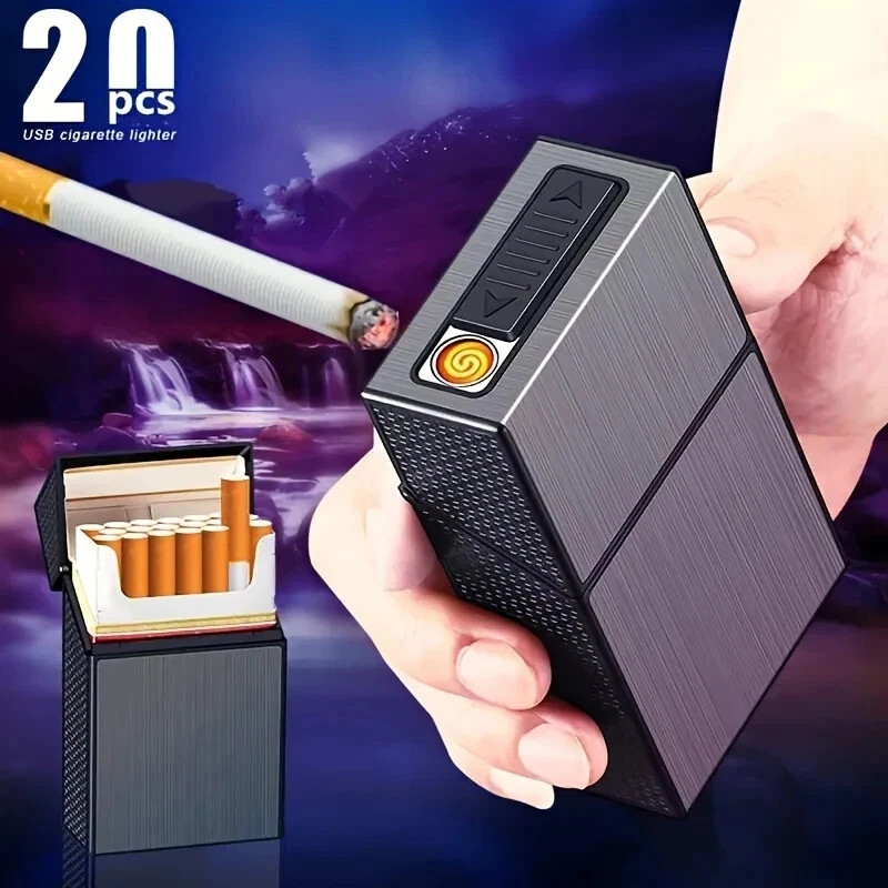 2-in-1 USB Rechargeable Electronic Black Lighter Aluminum Alloy & Cigarette Case