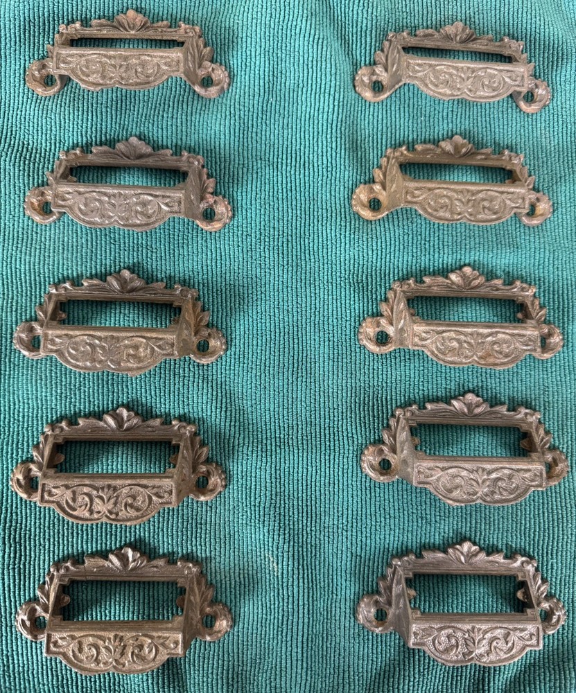 Antique Victorian Cast Iron Apothecary Drawer Bin Pull / Handle Label Vintage 10
