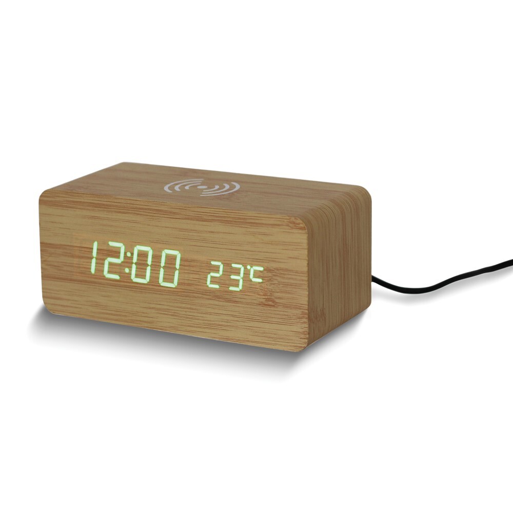 Bamboo Finish Wireless Phone Charger Clock
