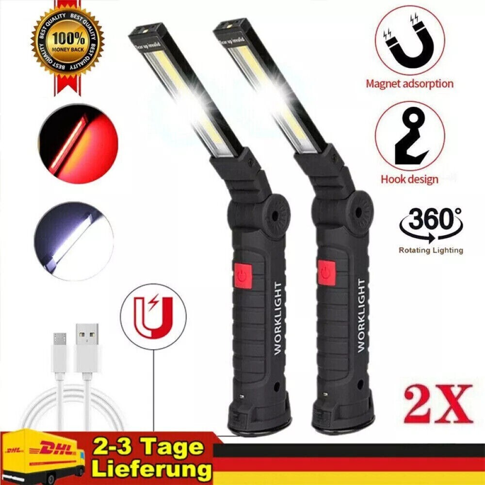2x LED COB Red White Work Light USB Rechargeable Flashlight Magnetic Base Small
