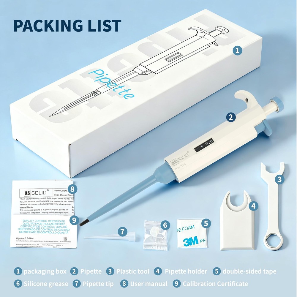 U.S. Solid Single Channel Pipette Adjustable Scientific Micropipette