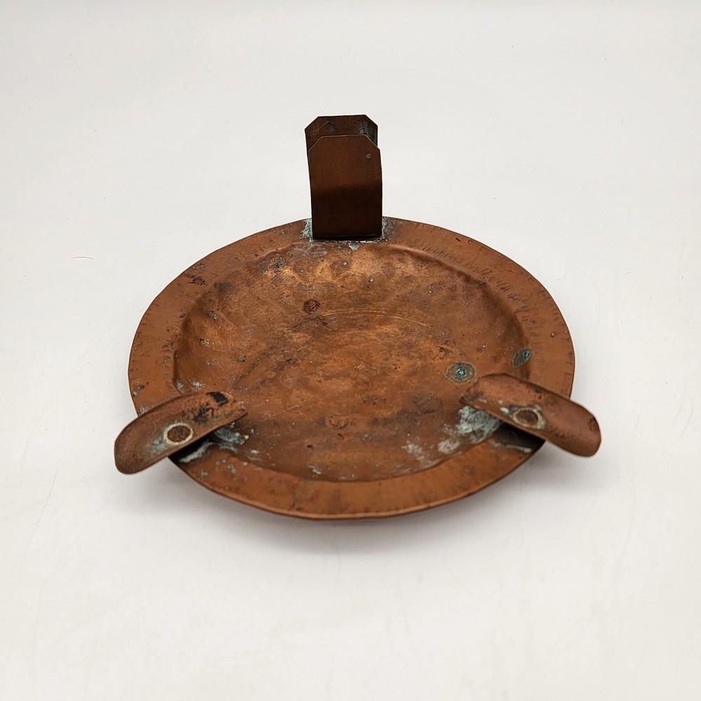 Antique Handmade Hammered Copper Ashtray with Matchbox Holder