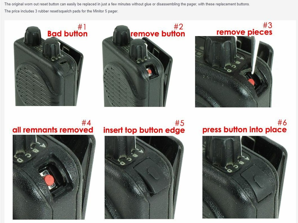 NEW MOTOROLA MINITOR V 5 PAGER RESET PUSH BUTTON REPLACEMENT KIT -NO GLUE NEEDED