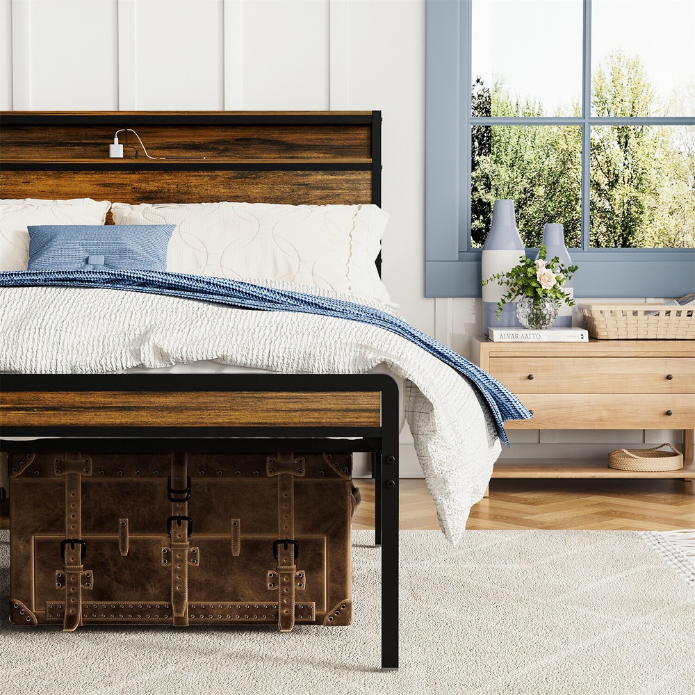 Queen Size Bed Frame Metal Platform Bed Frame w/ Storage Headboard & USB Port