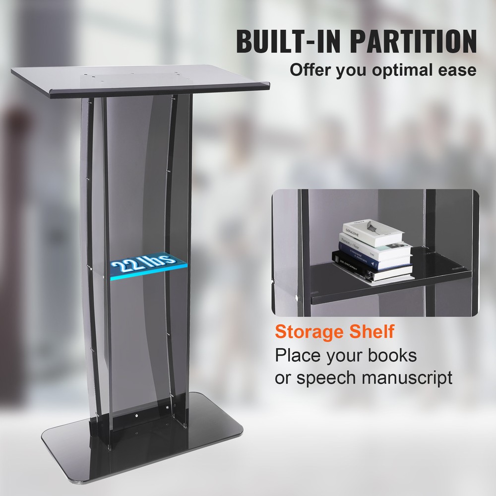 VEVOR Acrylic Podium Stand 47" Reading Surface Storage Shelf Black