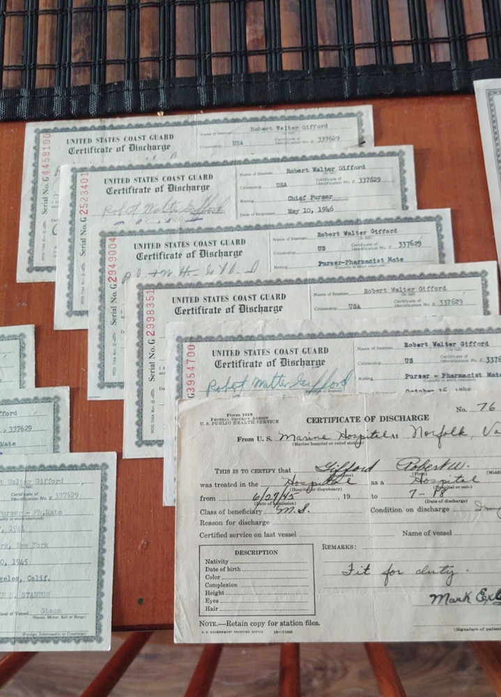 WW2 Document Grouping Robert Gifford Dept Commerce /Coast Guard , Egypt Pass