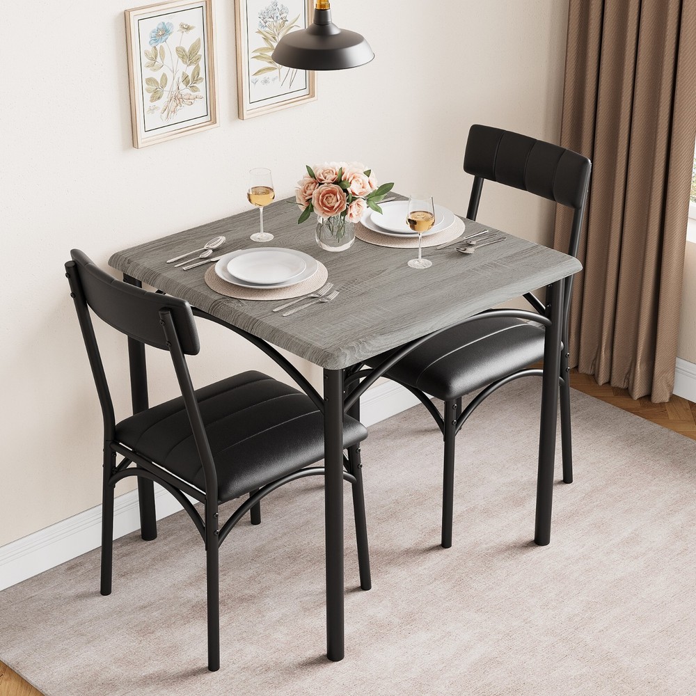 Dining Table Set w/2 Upholstered Chairs & Square Table for Dining Room Gray