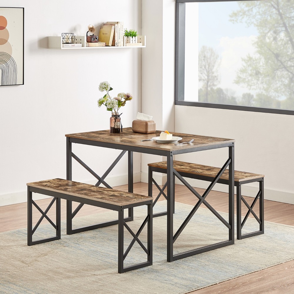 Wood Dining Table Set for 4 with Bench Kitchen Table Breakfast Table Furniture