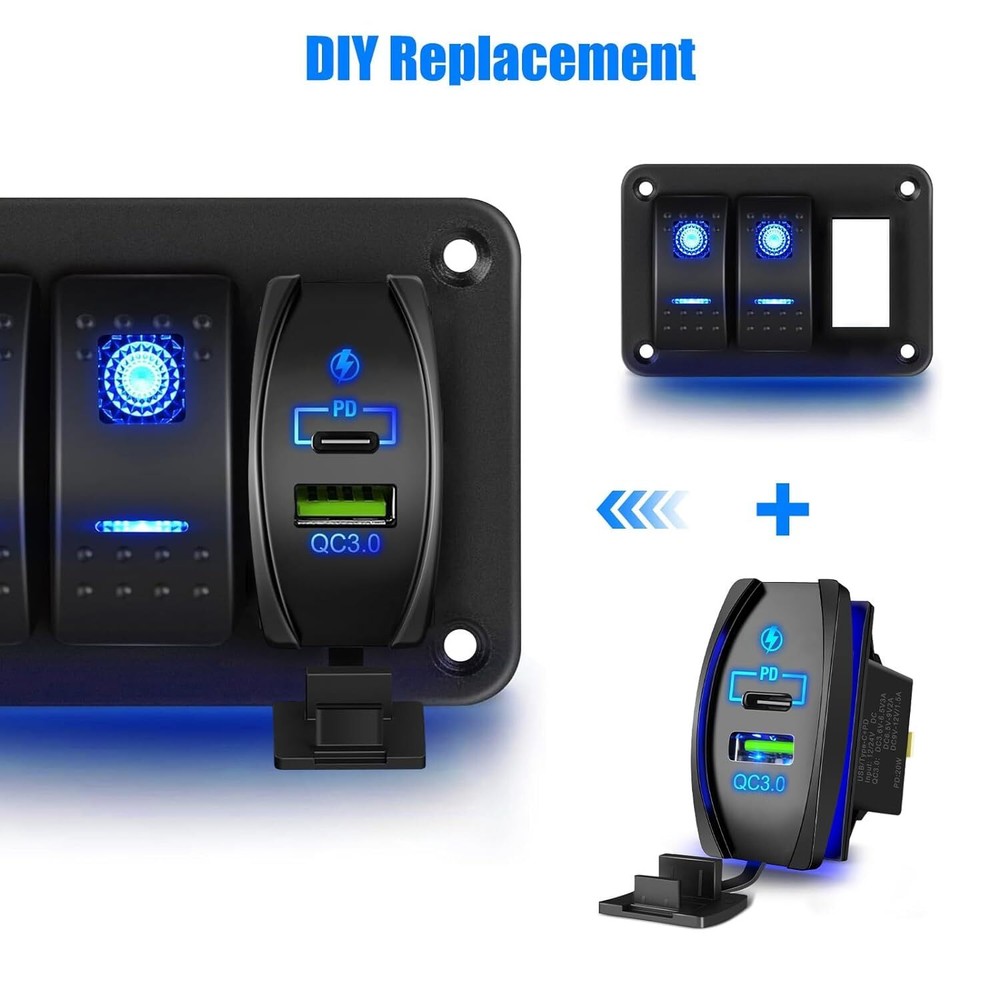 FXC Rocker Switch USB Type C Charger Socket Dual PD and QC 3.0 12V LED Voltmeter