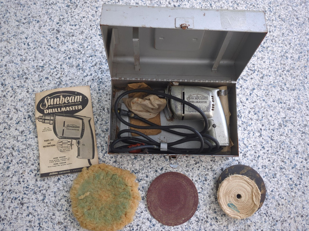 Vtg SUNBEAM DRILLMASTER #70 Electric Drill + Case, Drill Bits, Buffer, Sander