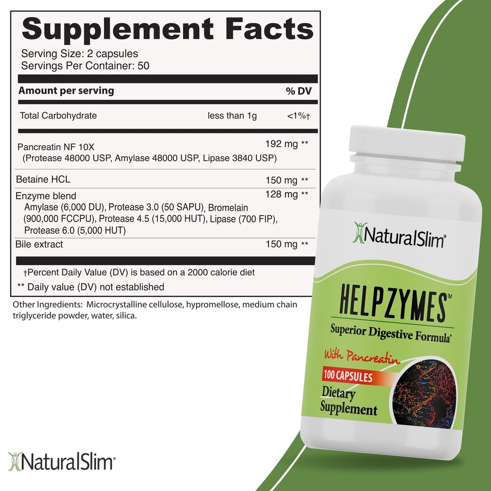 NaturalSlim Helpzymes 2-Pack Digestive Formula - Digestive Enzymes Capsules