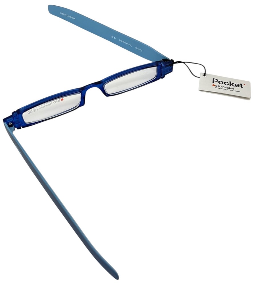 B+D Pocket Tech Readers +2.00 Reading Glasses Blue Compact Folding with Case NEW