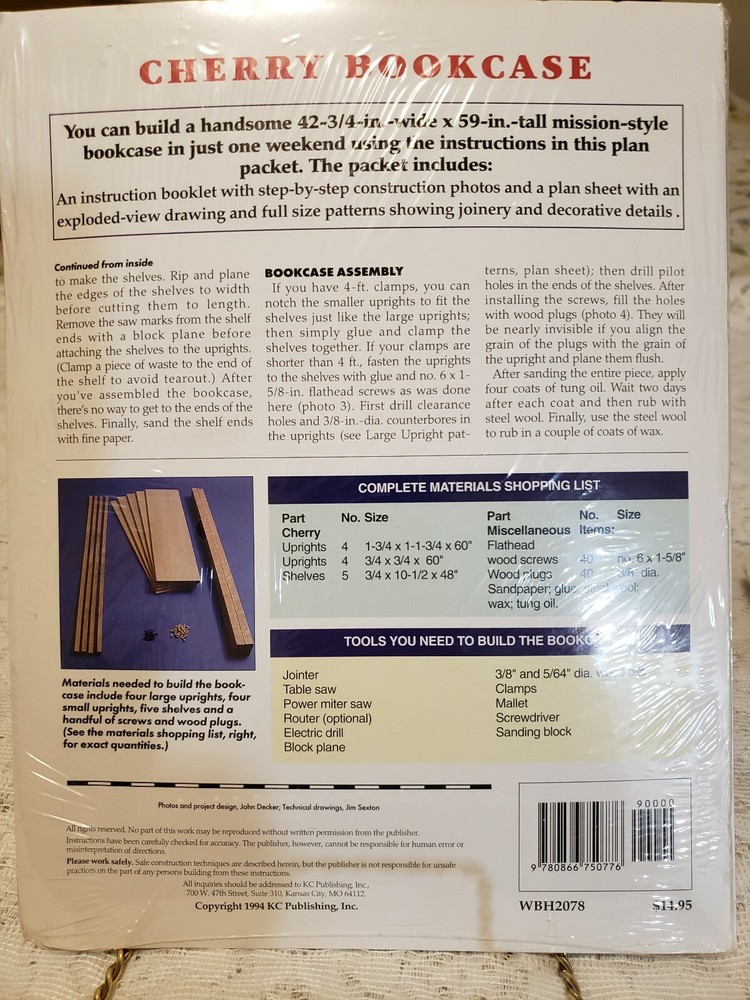 Workbench Project Plans MISSION STYLE CHERRY BOOKCASE Full Size Patterns NIP