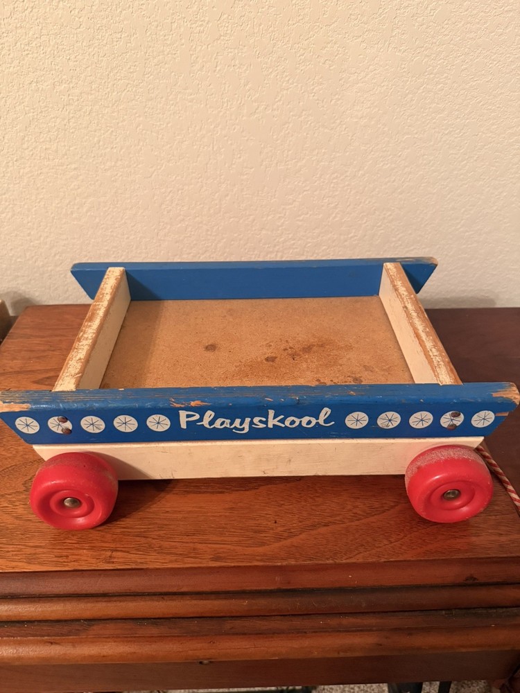 Vintage 1960s Playskool Wooden Alphabet Blocks Wagon Pull Toy Complete