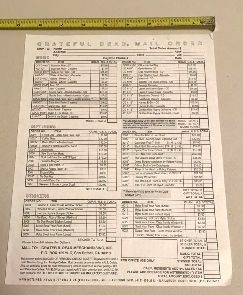 🔥 Grateful Dead Original Mail Order Form 1988🔥