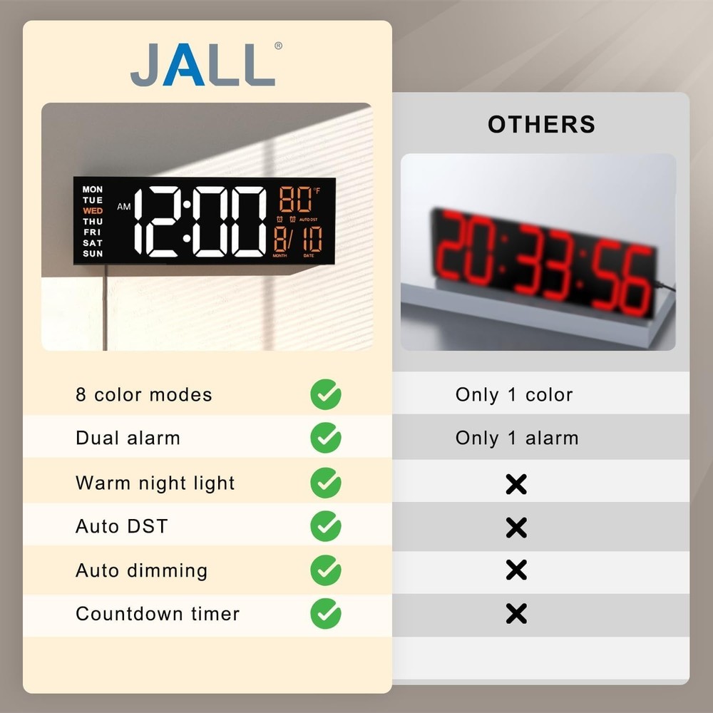 16" Large Digital Wall Mount Clock, Count Down Timer, Alarm, Big LED, RGB Col...
