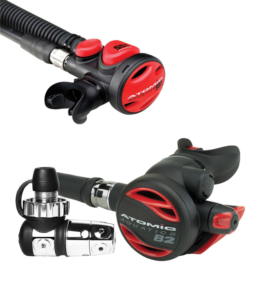 Atomic Aquatics B2 Regulator Din with SS1 Safe Second Stainless Red
