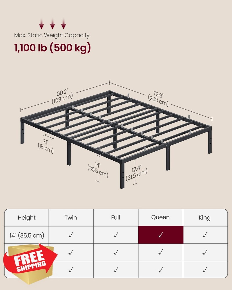 VASAGLE Queen Metal Bed Frame Black 14 Inch Platform No Box Spring