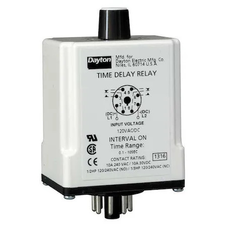 Dayton 1Egc8 Single Function Time Delay Relay, Octal, Interval, 1 Functions