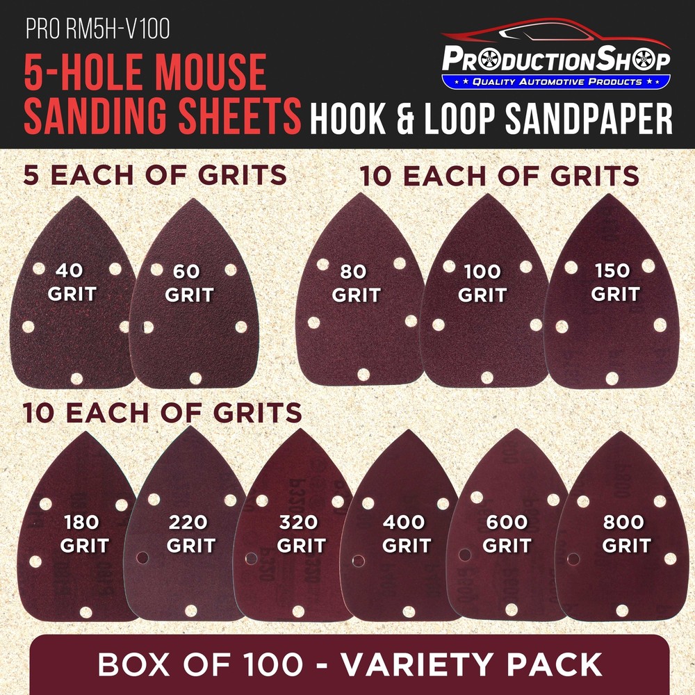 5-Hole Mouse Detail Sander Sandpapers, 100 Disc Variety Pack - Hook & Loop Disc