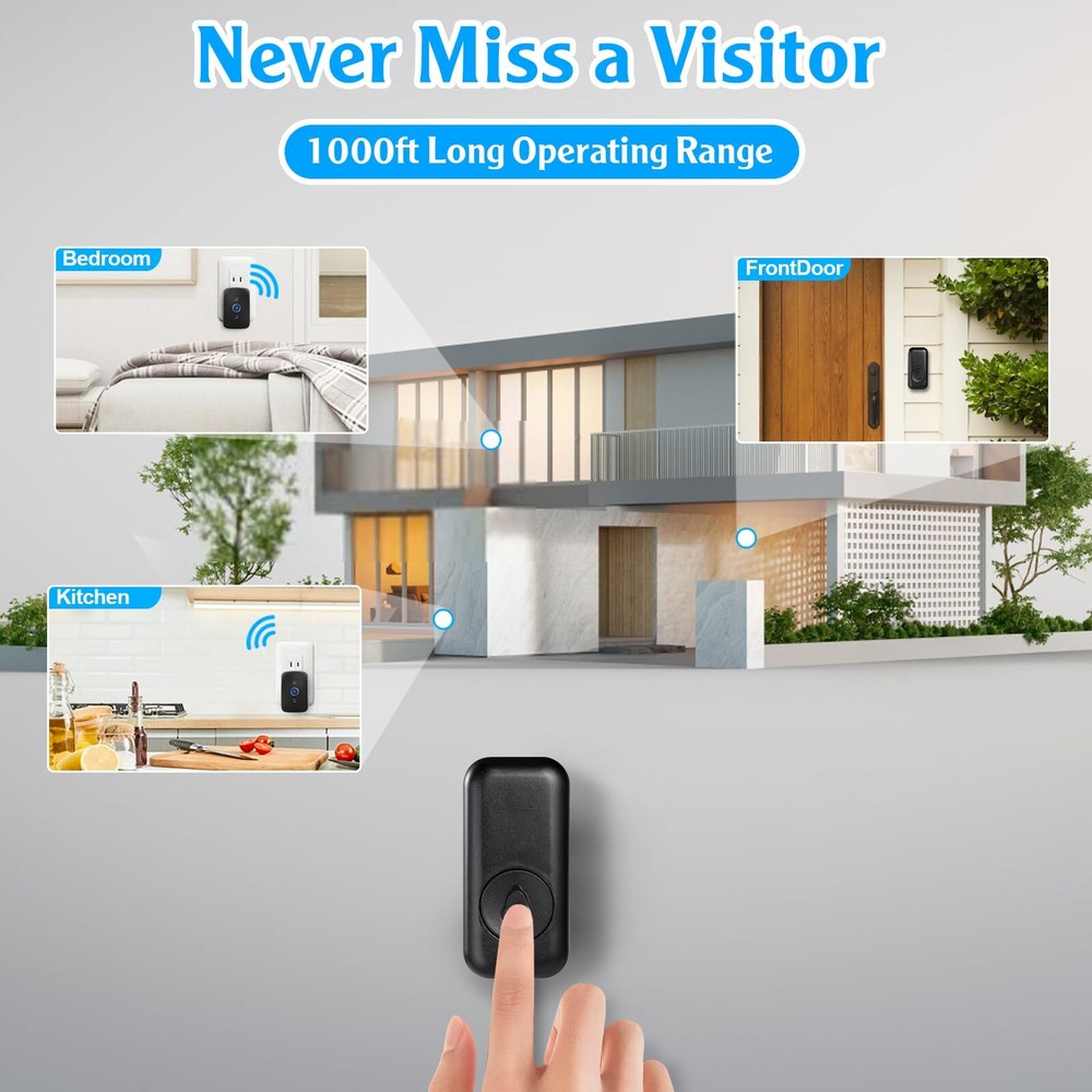Waterproof Wireless Doorbell Adjustable Volume 2 Plugin Receiver 3 Bell Button
