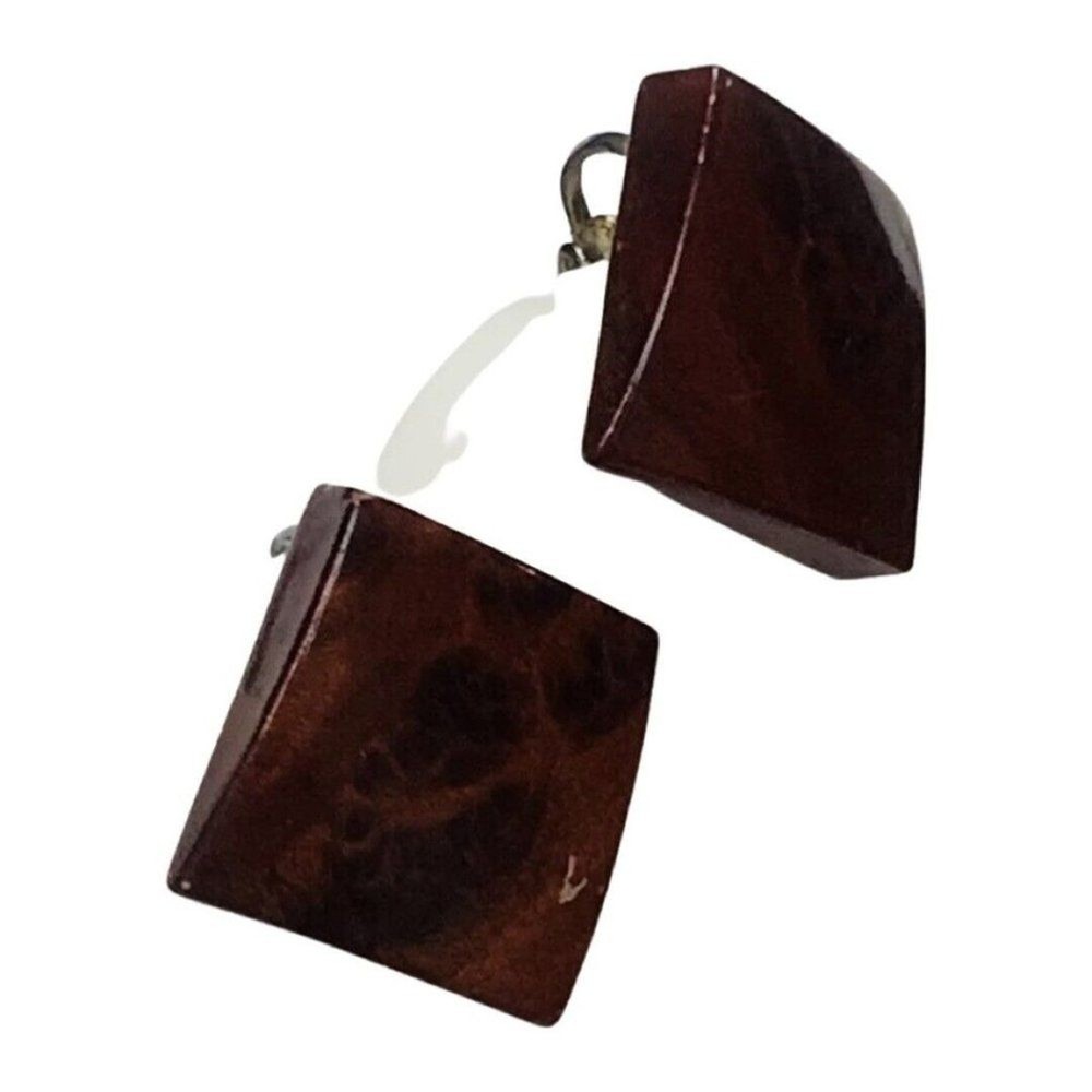 Square Reddish Brown Composition Gold Tone Clip On Button Earrings