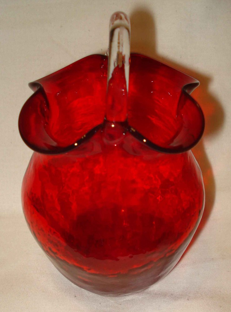 Vintage Hand Blown Ruby Red Glass Wavy Ruffled Applied Crystal Handle Basket