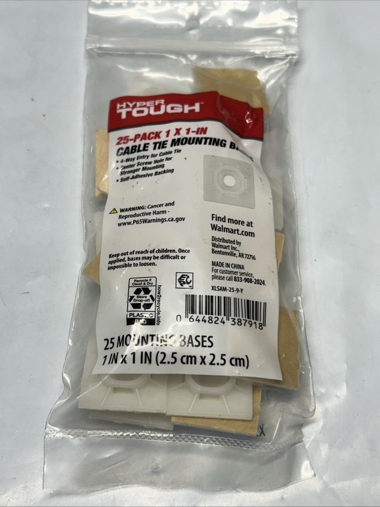 25-Pack HYPER TOUGH 1 x 1 Cable Tie Mounting Bases Self Adhesive Backing