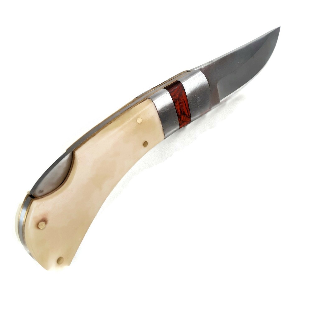 Real Bone Handle Lockback EDC Folding Pocket Knife w/Leather Sheath