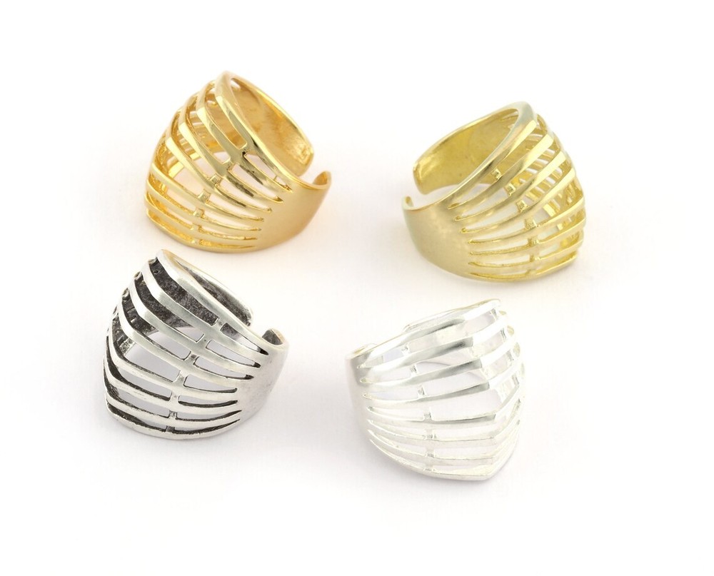 Horizontal Lines Ring Adjustable Raw,Antique Silver Shiny silver-gold (8us) 5354