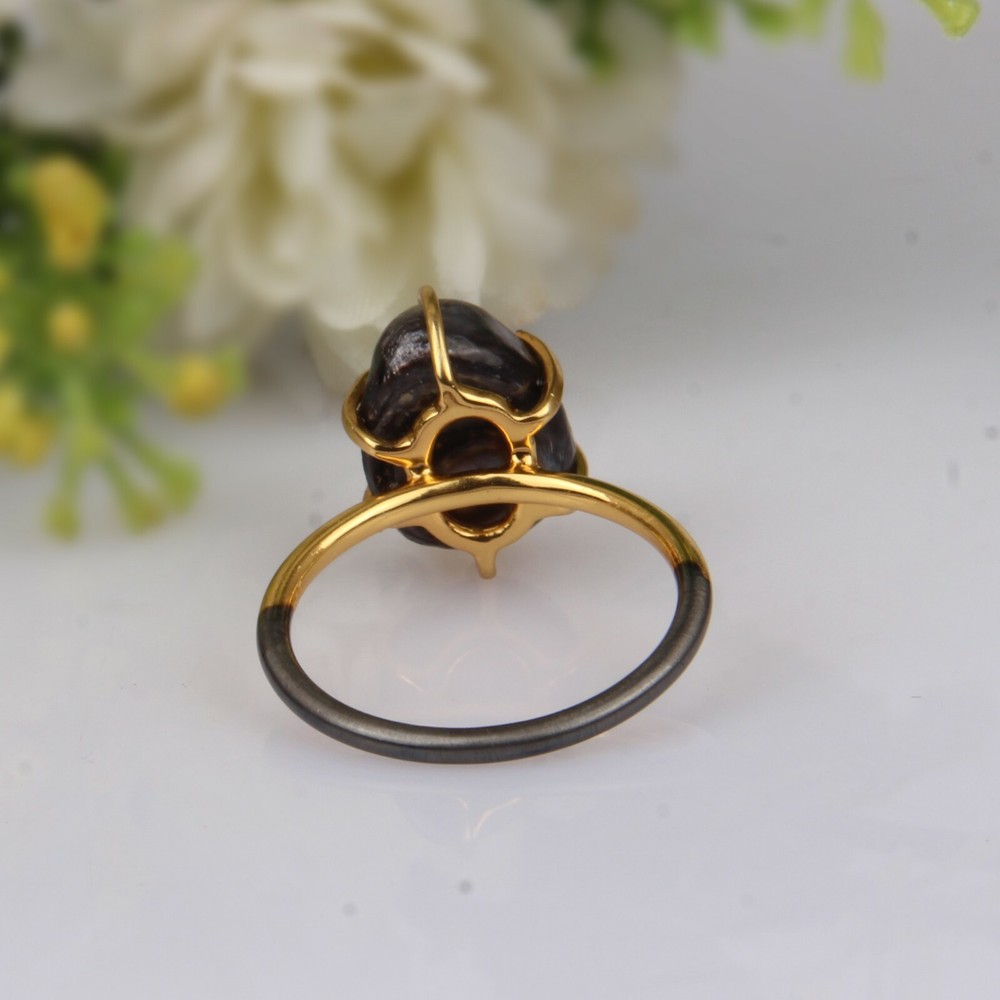 Peacock Black Pearl Engagement Ring 925 Sterling Silver Two Tone Stack Ring