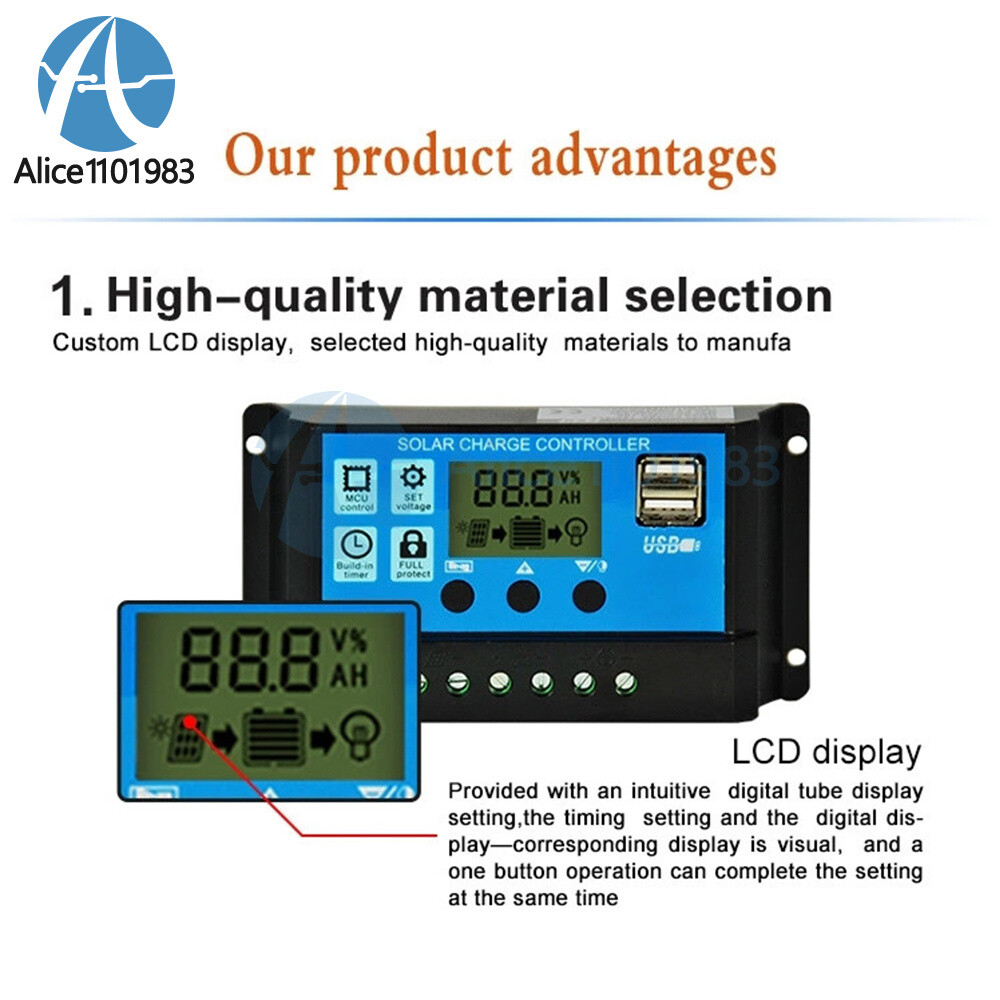 30A Solar Panel Battery Charge Controller 12V/24V LCD Regulator Auto Dual USB
