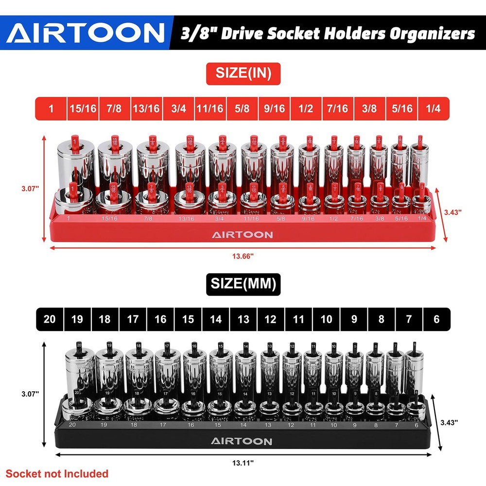 4-Piece Socket Organizer Set - SAE & Metric Holders for Toolboxes, Black & Red