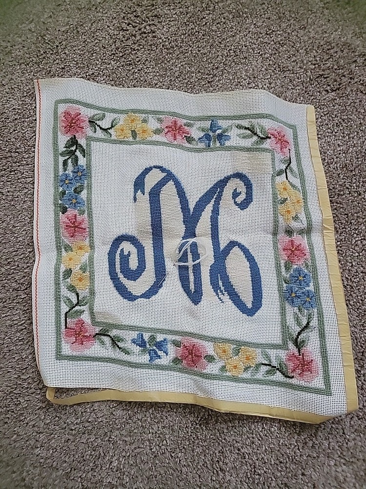 Initial M partially Complete Needlepoint Canvas 16" Pillow Size