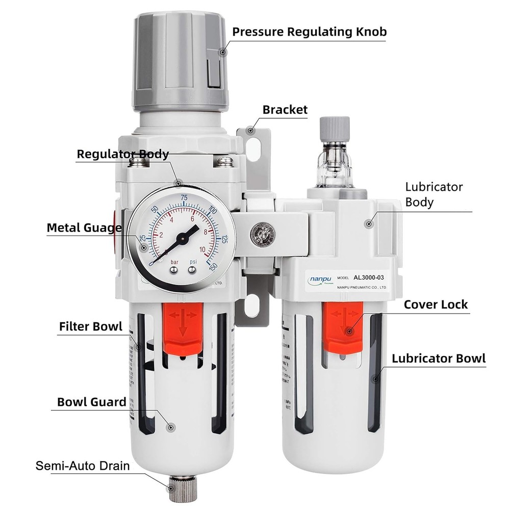 Compressed Air Filter Regulator Lubricator - Gauge 0-150 psi