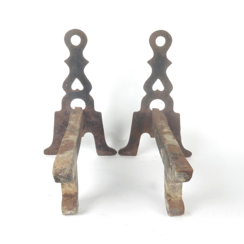 Antique Fireplace Andirons Gothic Cross Cast Iron