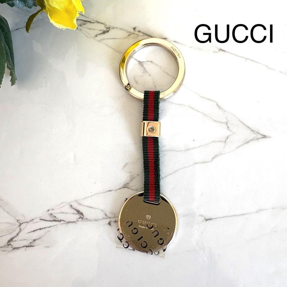 GUCCI Canvas Keyring Green Red Gold Web Stripe Charm Authentic