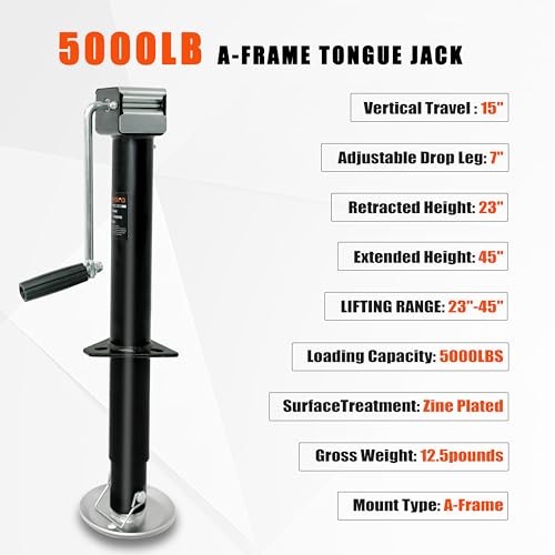 5000 lbs A-Frame Trailer Jack – Side Wind Jack with 15" Vertical Travel,