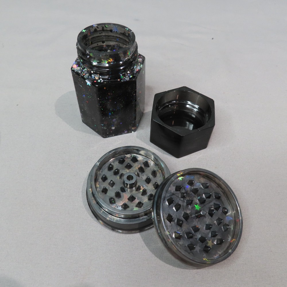 ROLLING TRAY Grinder Stash Container Set Black Silver Celestial Glitter Handmade