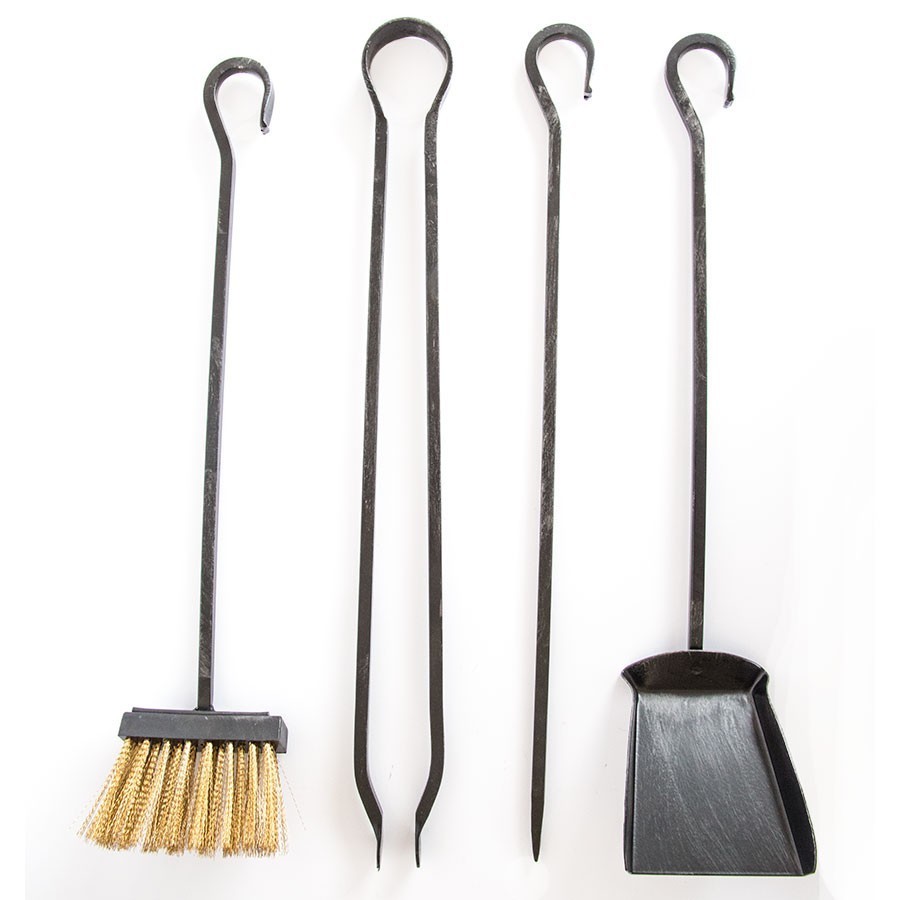Wrought Iron Fireplace Tools with Brass Knob Hammered Section