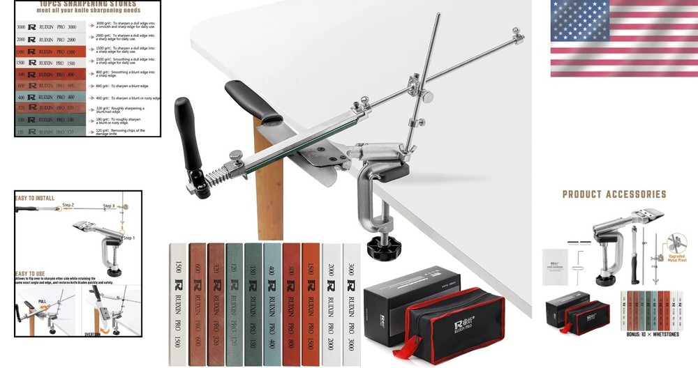 360° Rotating Fixed-Angle Knife Sharpener with 10 Whetstones - Quality