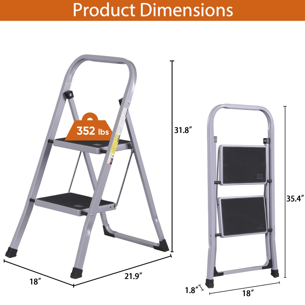 2 Step Ladder Folding Step Stool with Convenient Handgrip Handle 380 lbs Gray