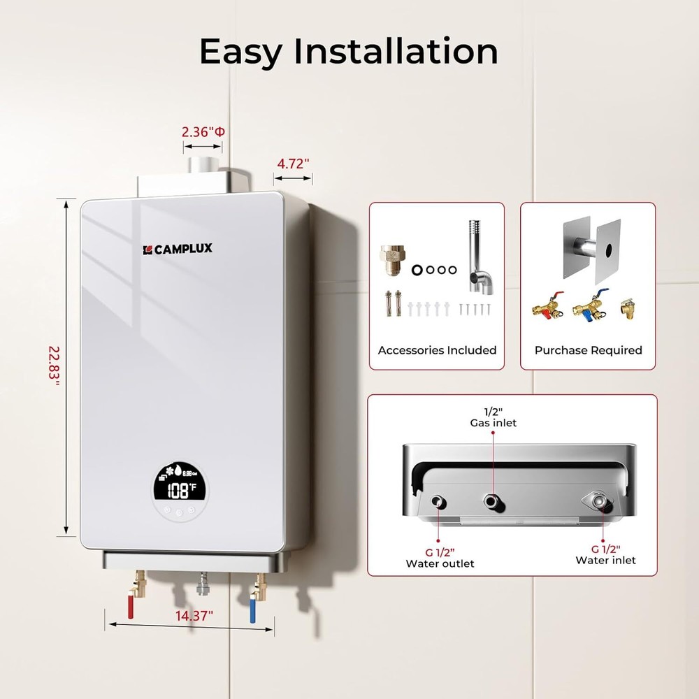 Camplux Indoor Propane Tankless Water Heater 3.18GPM Whole House Shower System