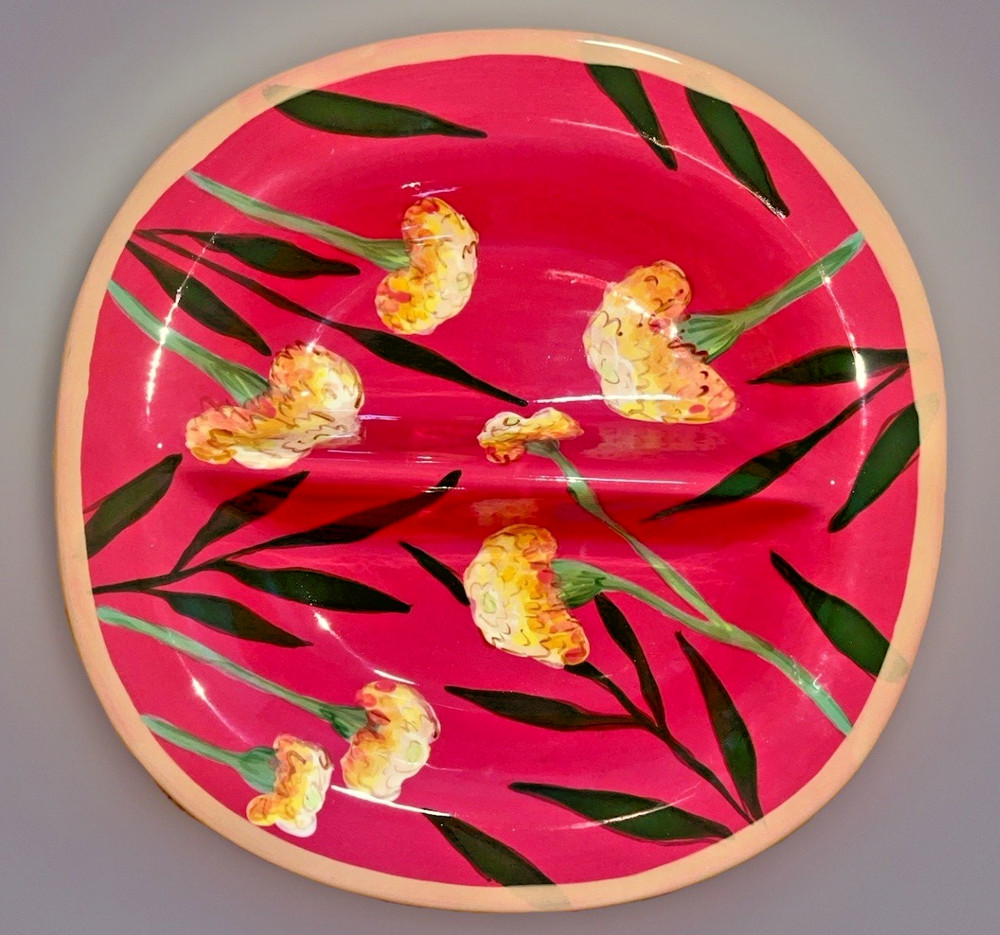 Droll Designs MARIGOLD  Hand Painted Ceramic Glazed Split Divided 10.5” Bowl