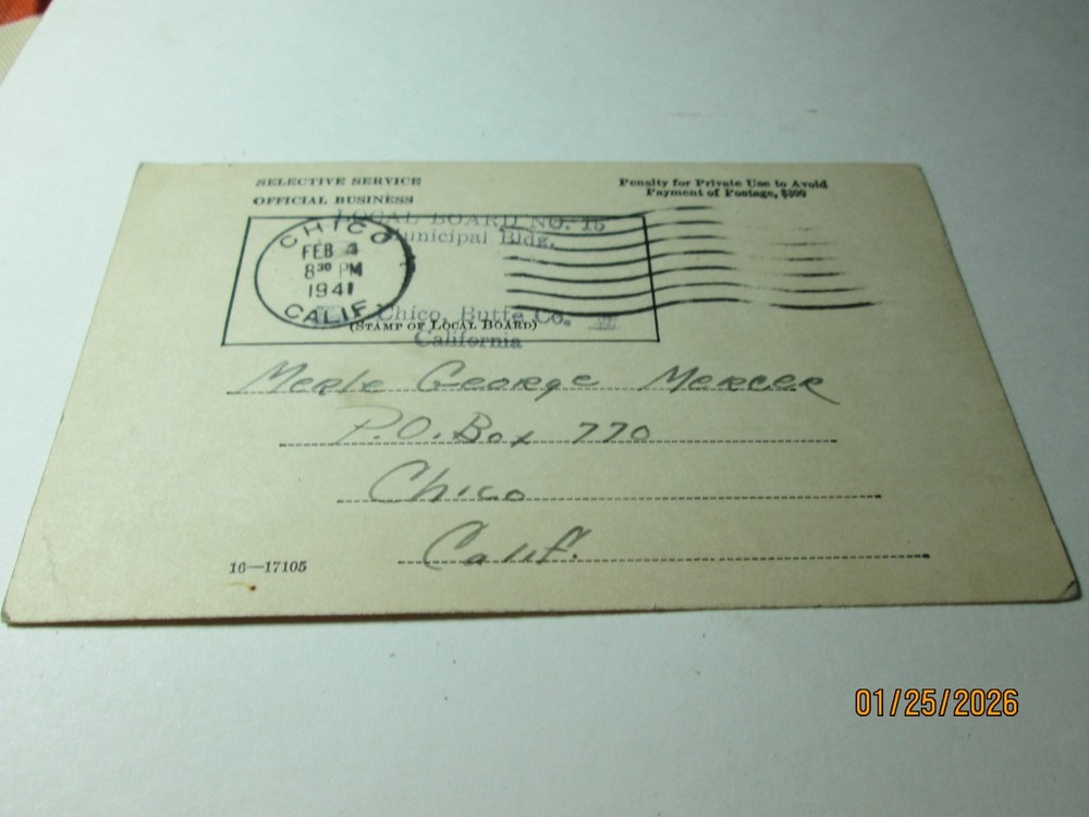 NOTICE OF CLASSIFICATION "SELECTIVE SERVICE" CARD. 1941