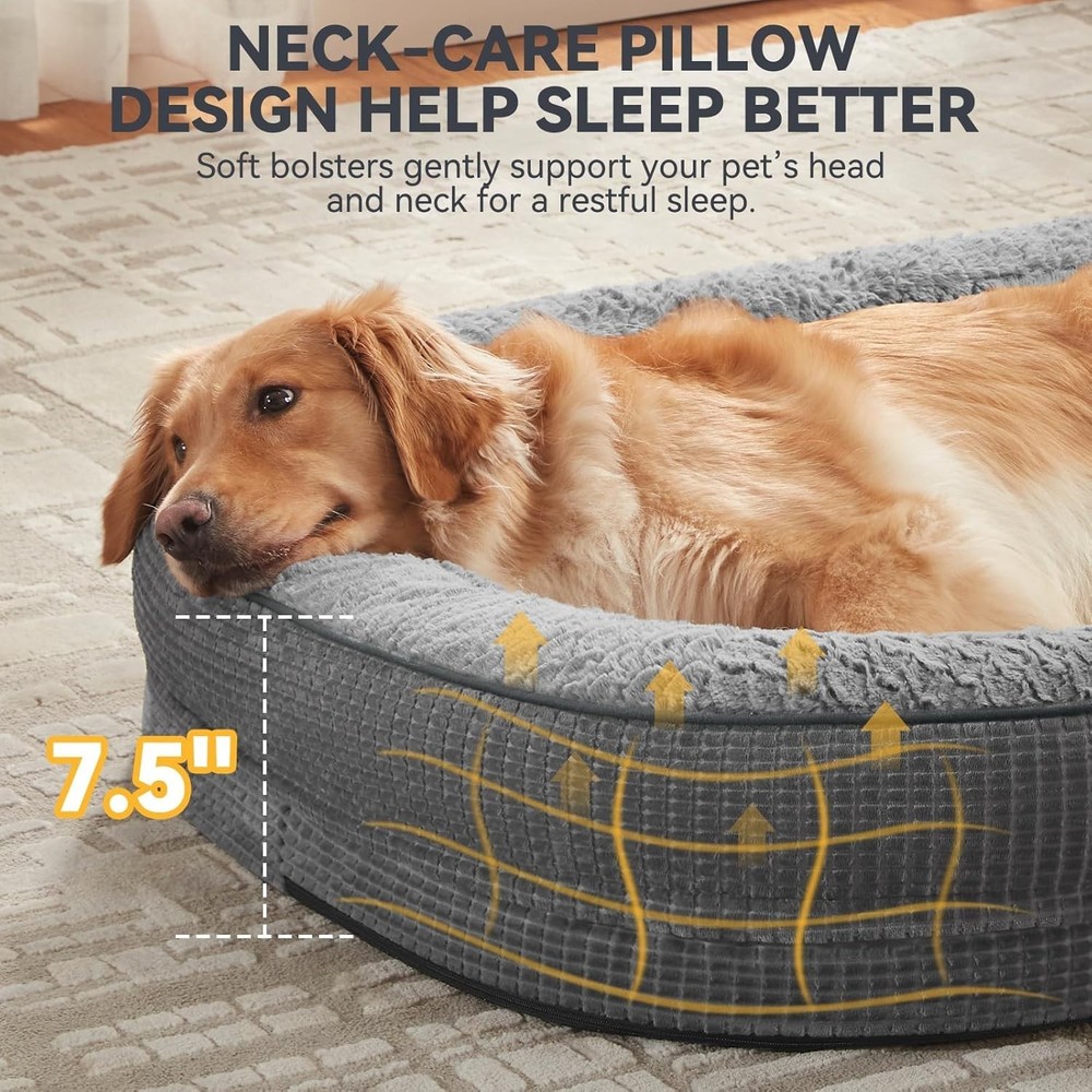 Grey Memory Foam Dog Bed - Extra Large Orthopedic Couch with Waterproof Lining