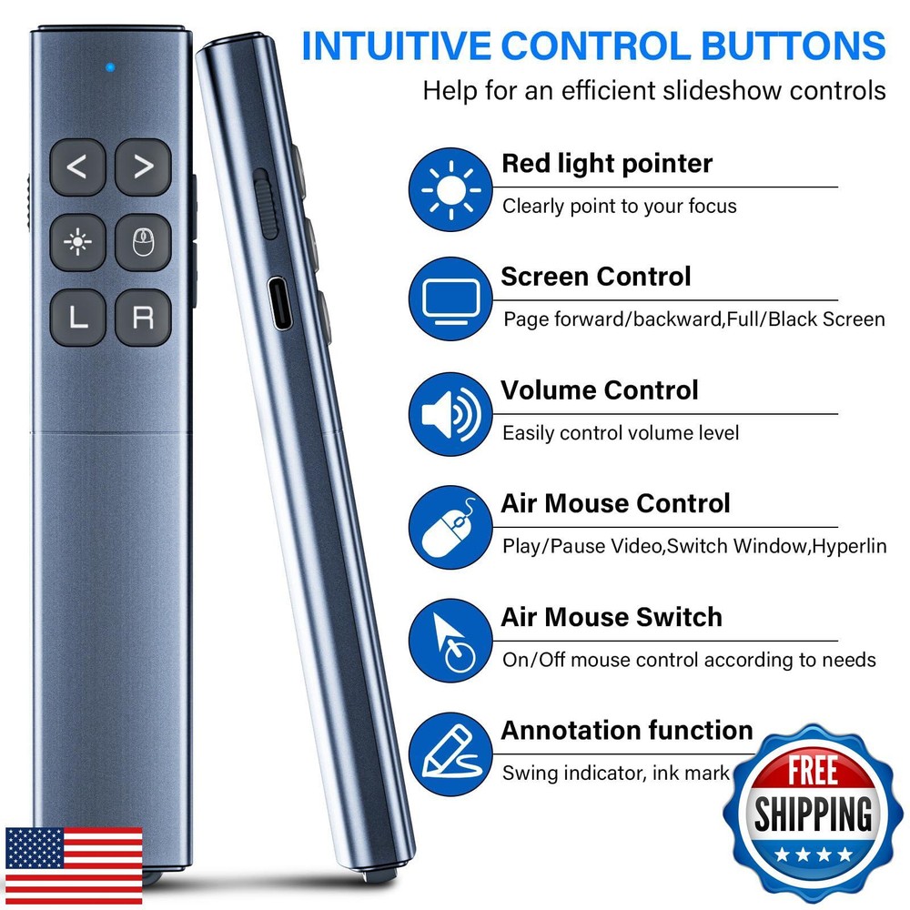Presentation Clicker with Air Mouse - USB C Wireless Presenter Remote Clicker