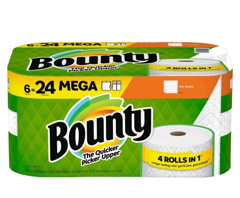 Bounty Full Sheet Paper Towels, 6 Mega Rolls, White
