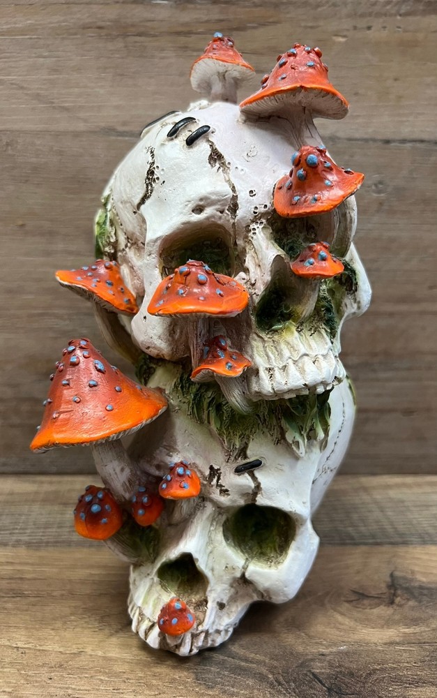 Skulls Double Stacked  with Orange Mushrooms Figurine Resin 8.75" x 6"